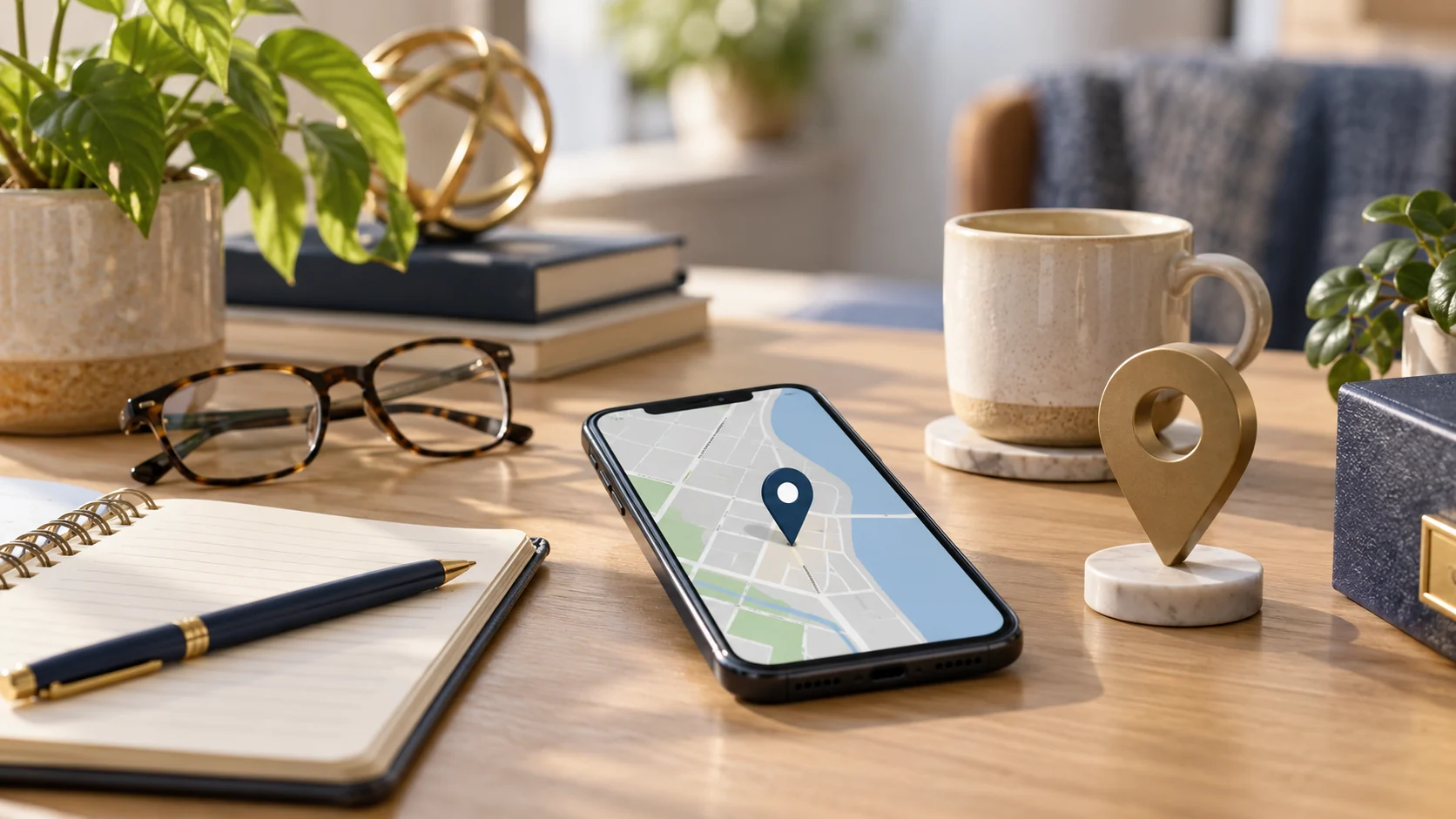 A smartphone map, notebook, reading glasses, coffee cup, and location-pin object on a neutral desk