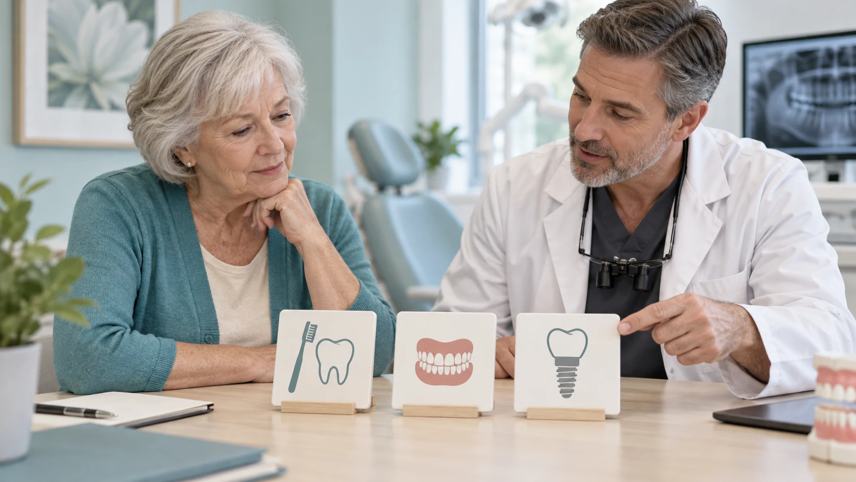 A dentist explains tooth, denture, and implant coverage options to an older woman