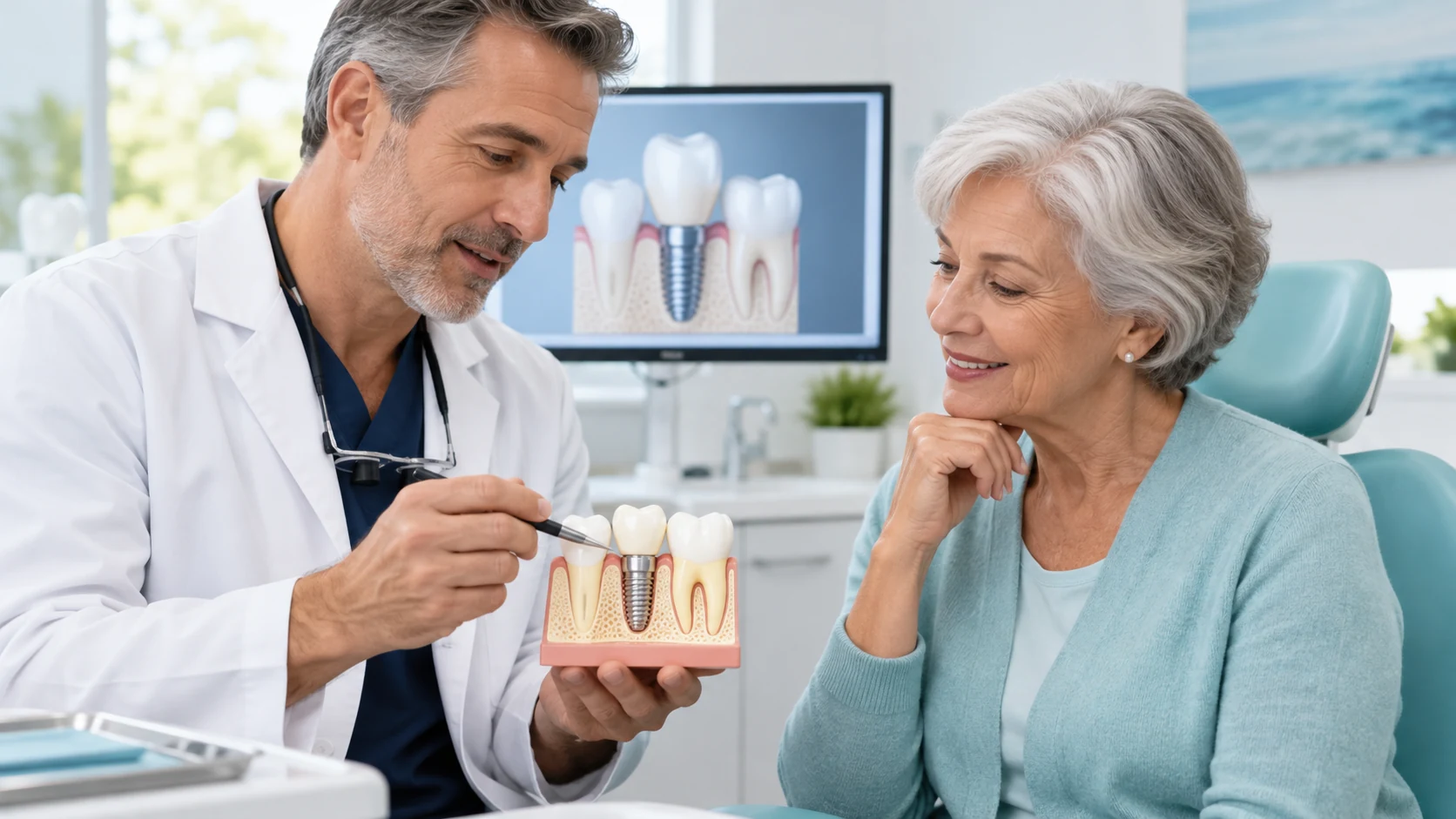 A dentist shows an older woman an implant model beside dental imaging
