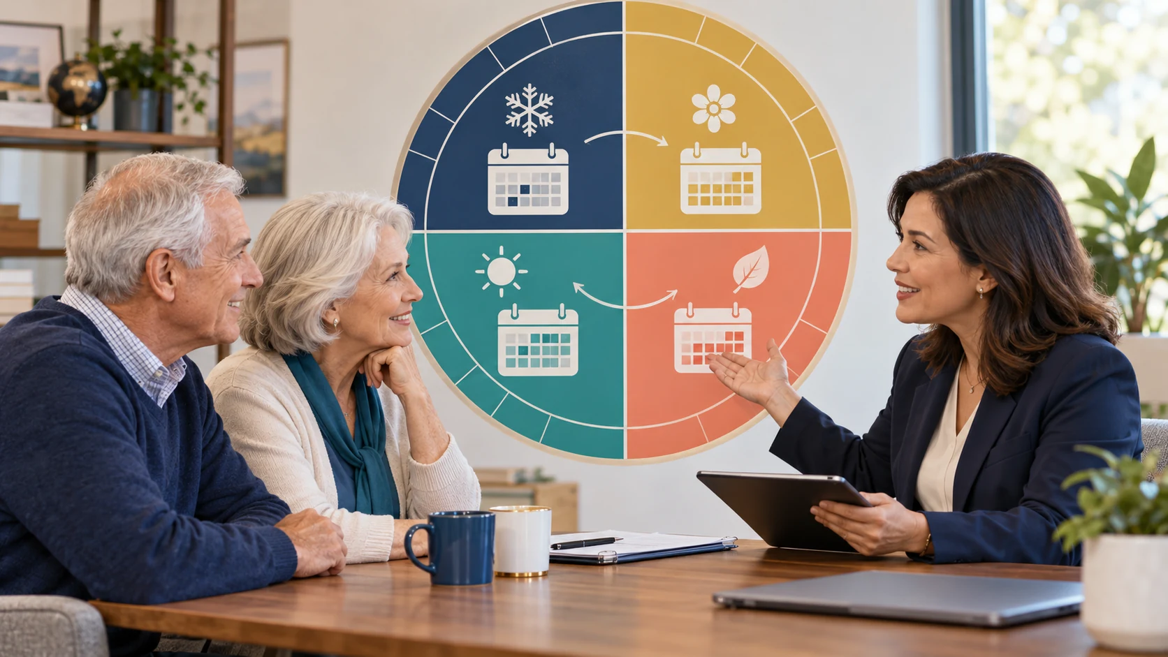 An older couple and an advisor review a four-season enrollment calendar