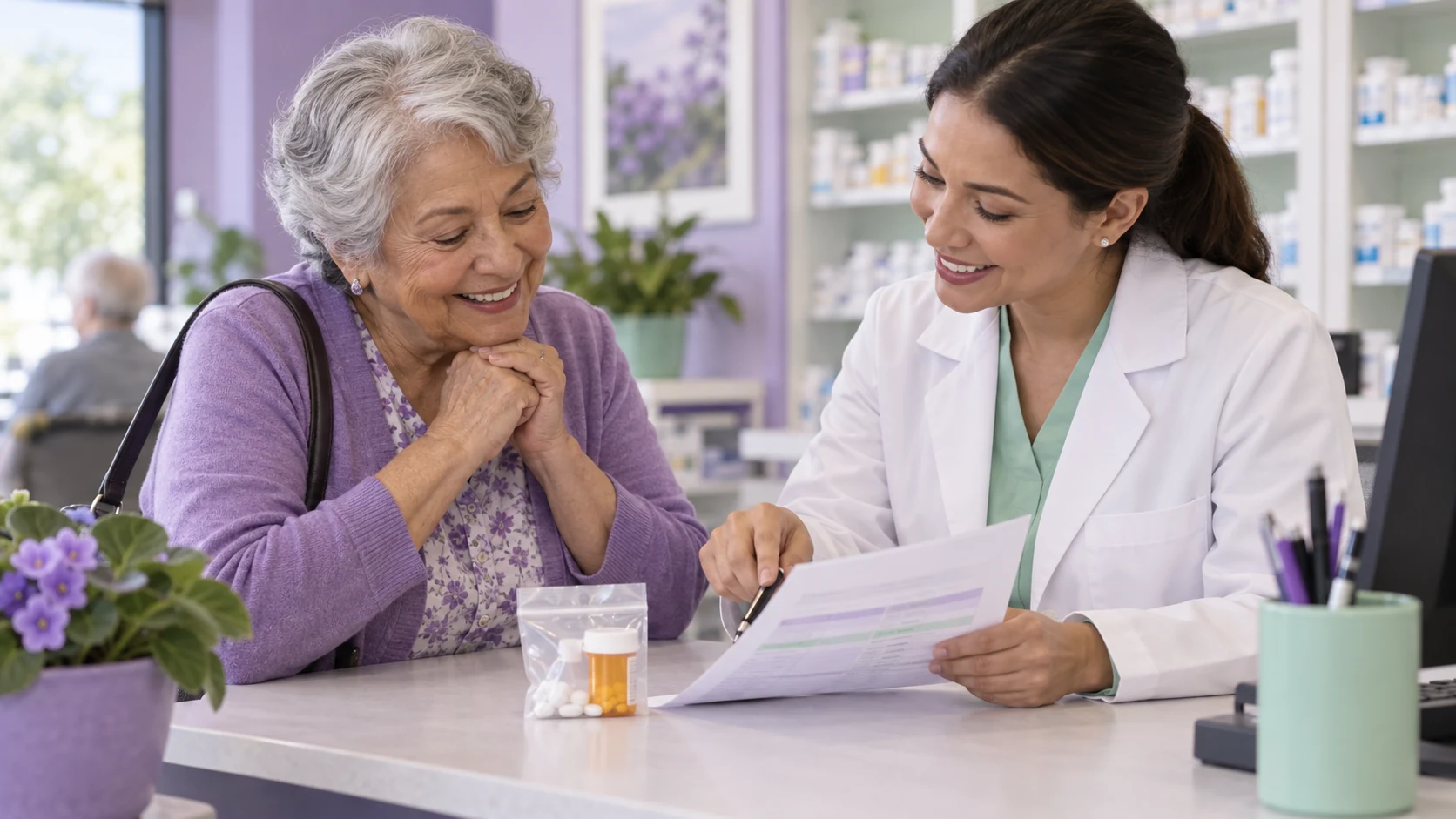 An older woman reviews prescription-assistance paperwork with a pharmacist