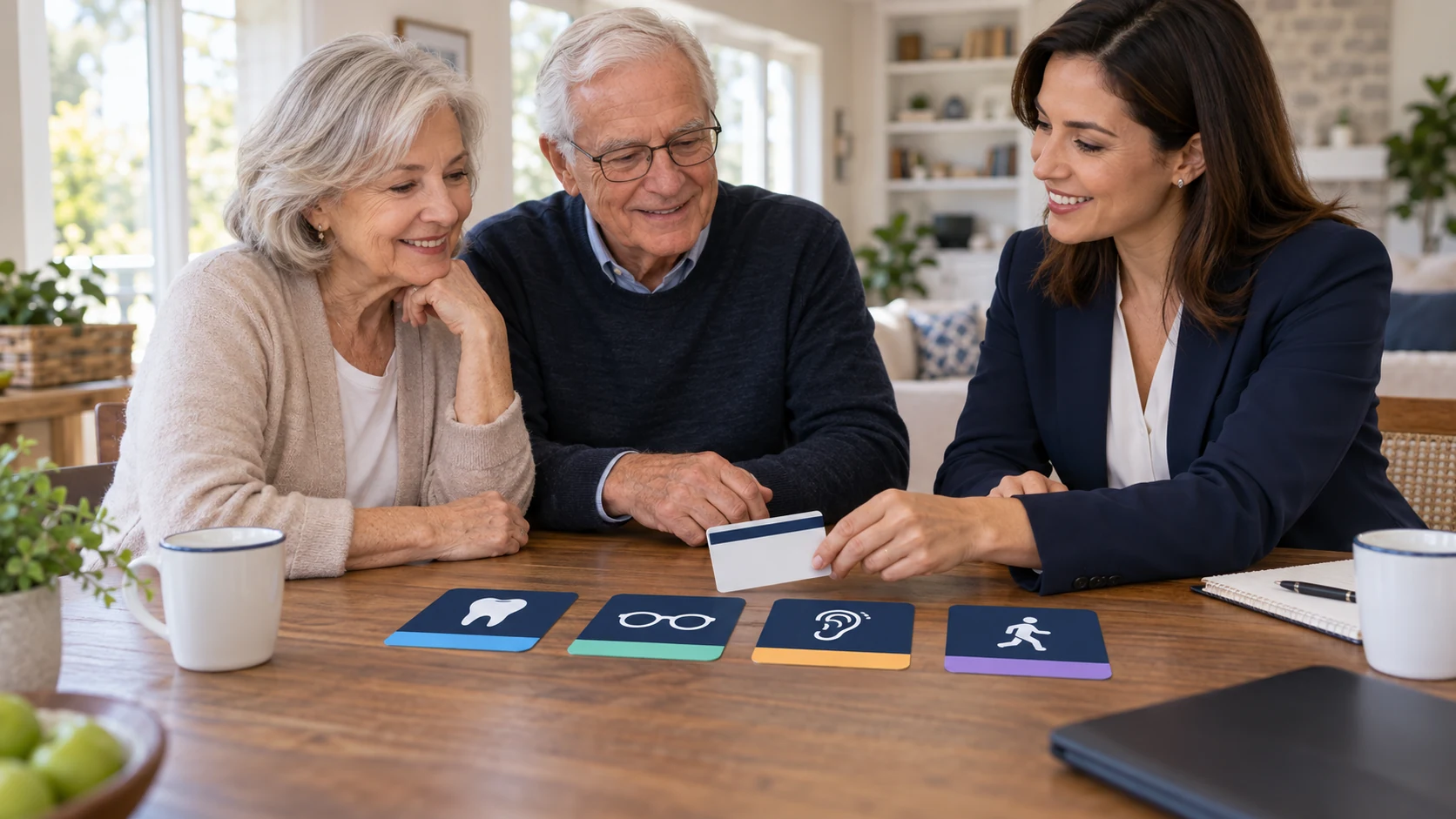 An older couple reviews benefit-category cards with an advisor