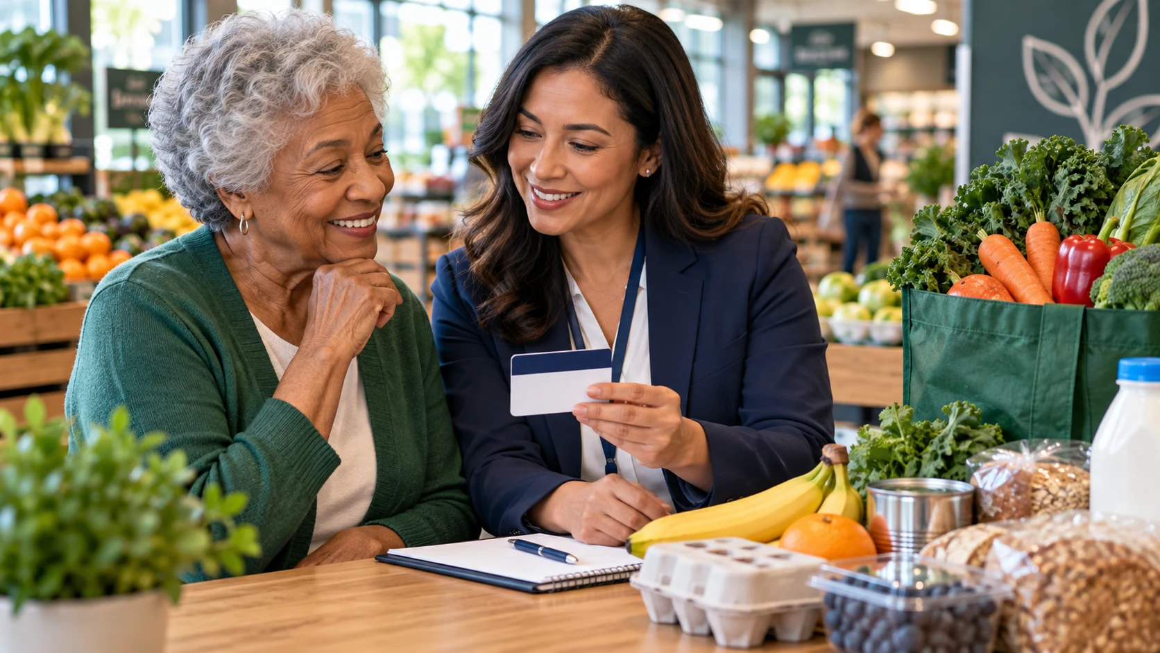 An older woman reviews a grocery-benefit card with an advisor beside fresh food