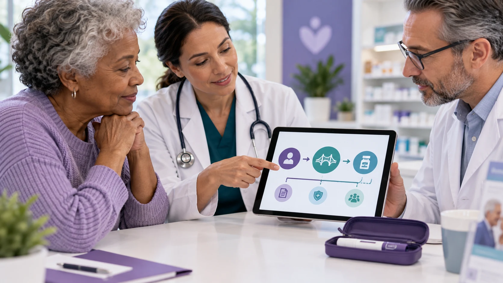 An older woman reviews a treatment timeline on a tablet with a clinician and another professional