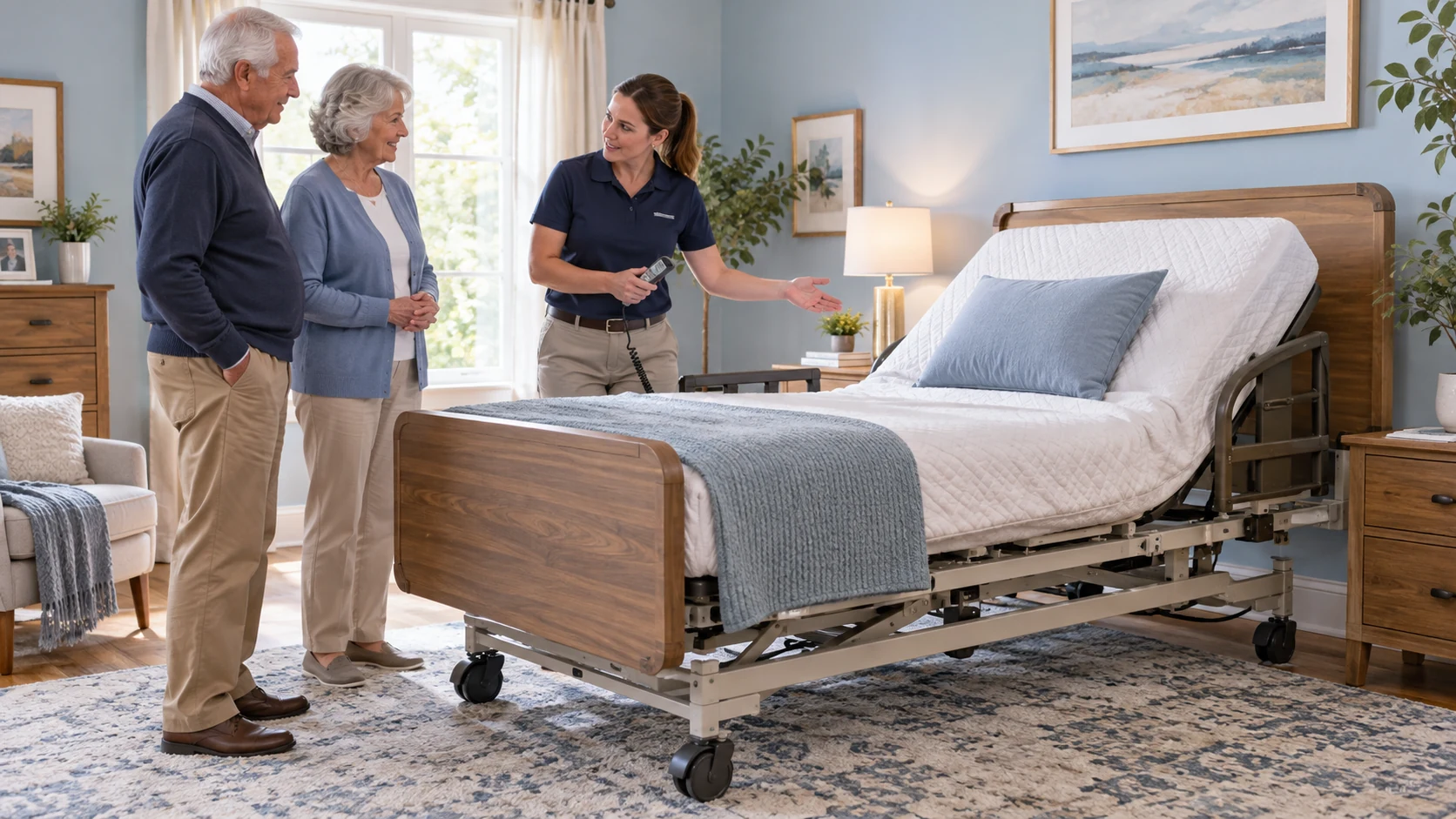 An older couple discusses a hospital bed in a home bedroom with a care professional