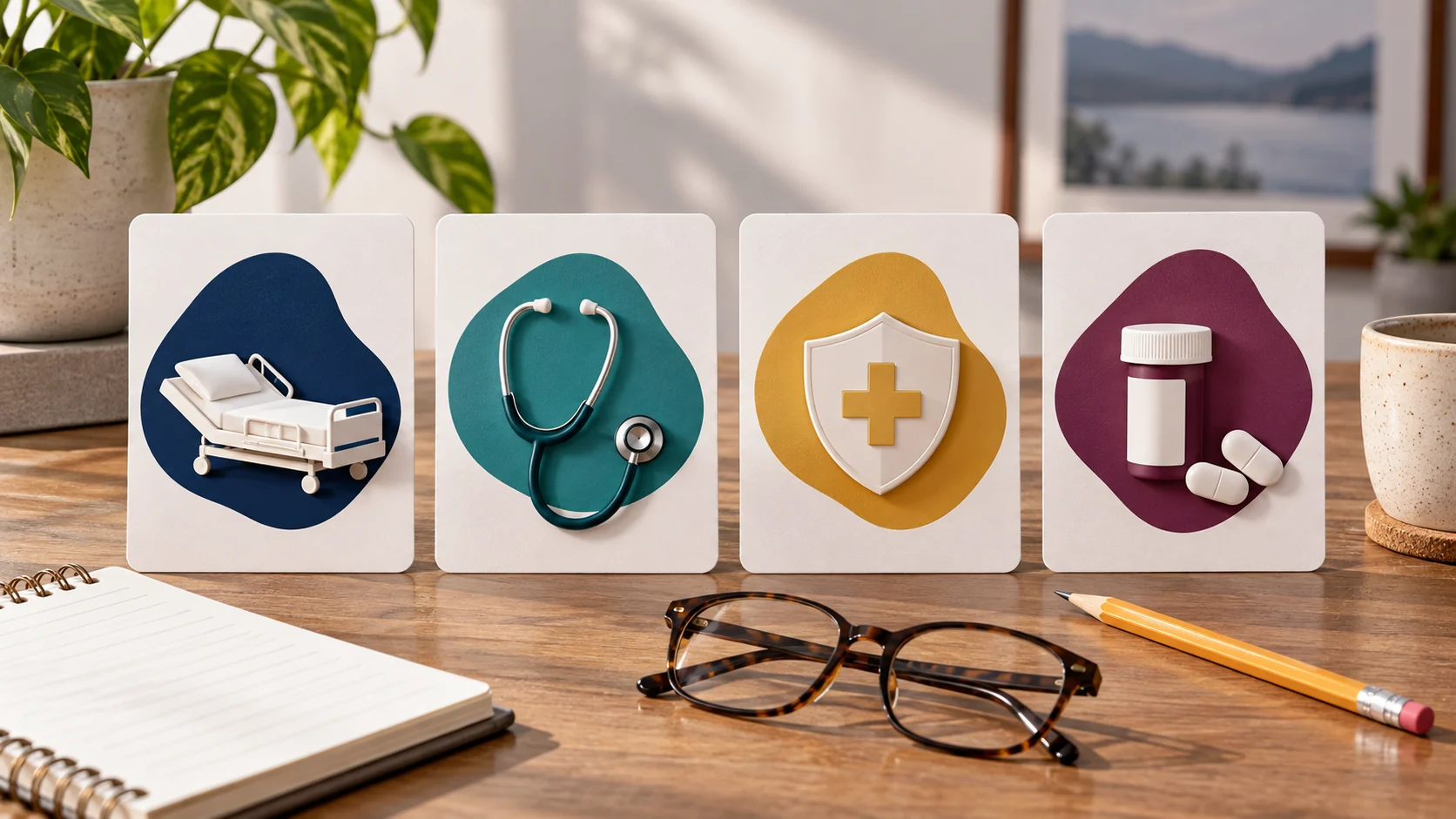 Four illustrated cards represent hospital, medical, Medicare Advantage, and prescription coverage