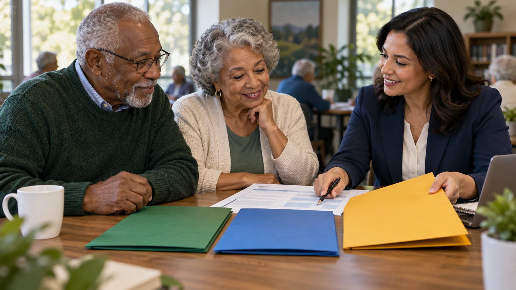 An older couple compares colored program folders with an advisor