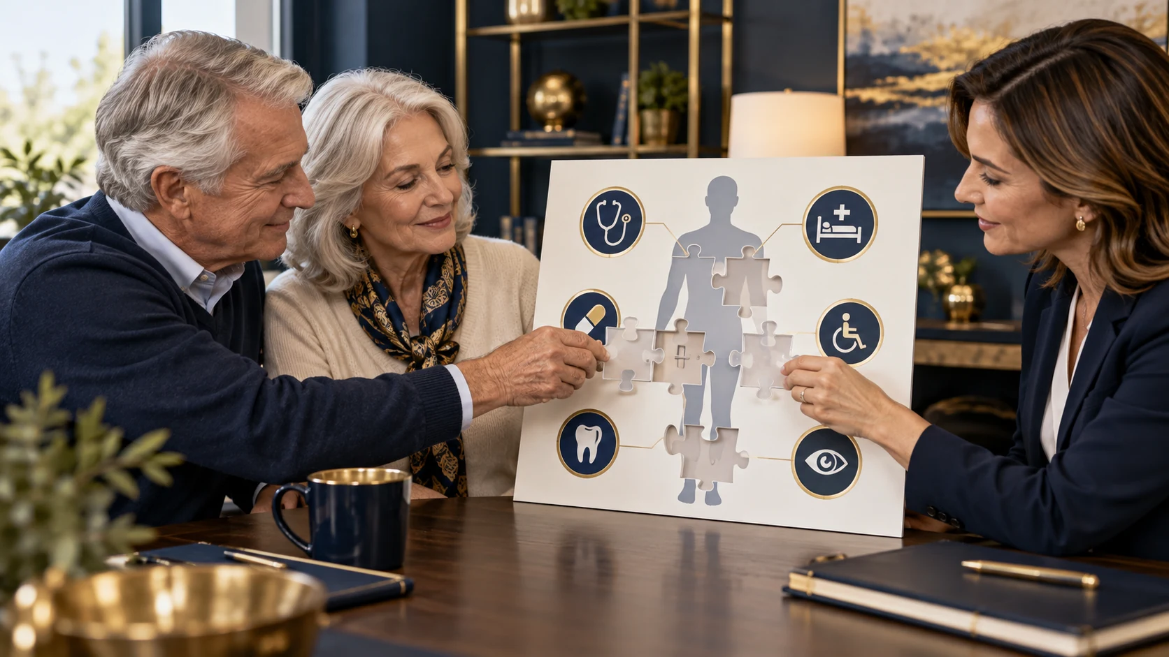 An older couple and an advisor assemble a healthcare-coverage puzzle