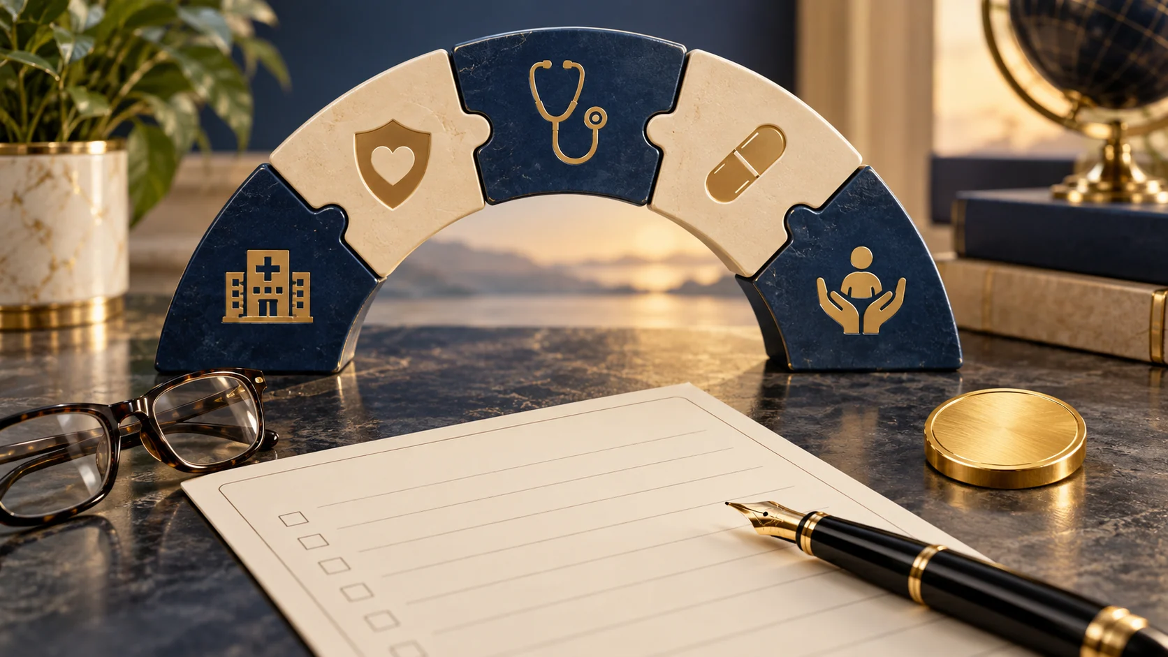 An arched set of healthcare-benefit puzzle pieces forms a bridge above a checklist