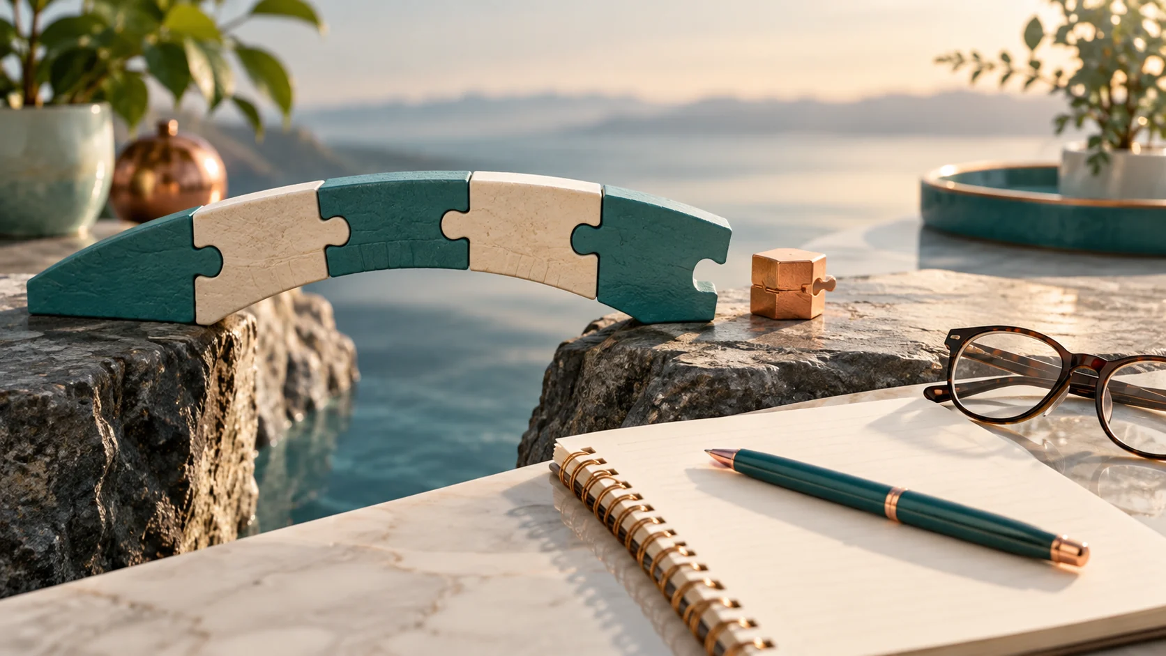 A green-and-cream puzzle bridge spans a gap beside a notebook and reading glasses