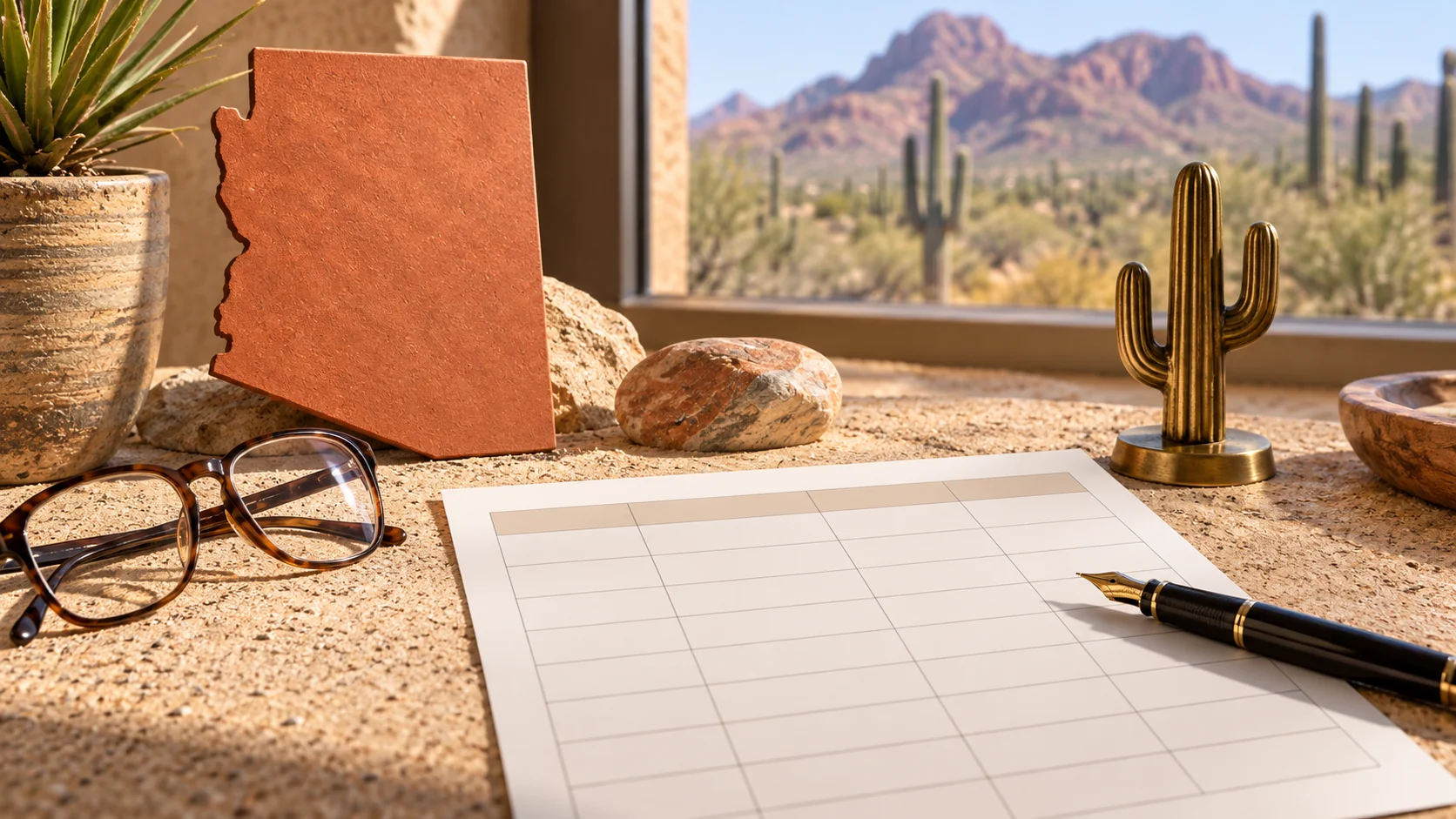 An Arizona state outline, comparison chart, pen, and reading glasses arranged as a planning still life