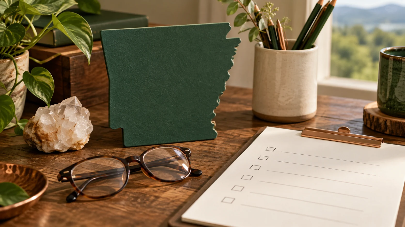 An Arkansas state outline, comparison chart, pen, and reading glasses arranged as a planning still life