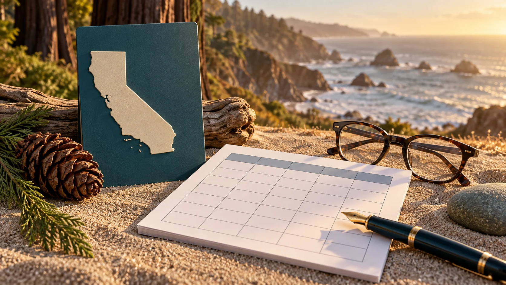 A California state outline, comparison chart, pen, and reading glasses arranged as a planning still life