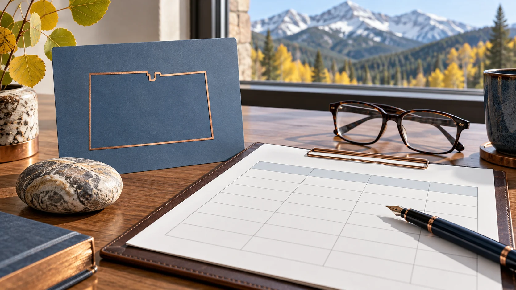 A Colorado state outline, comparison chart, pen, and reading glasses arranged as a planning still life
