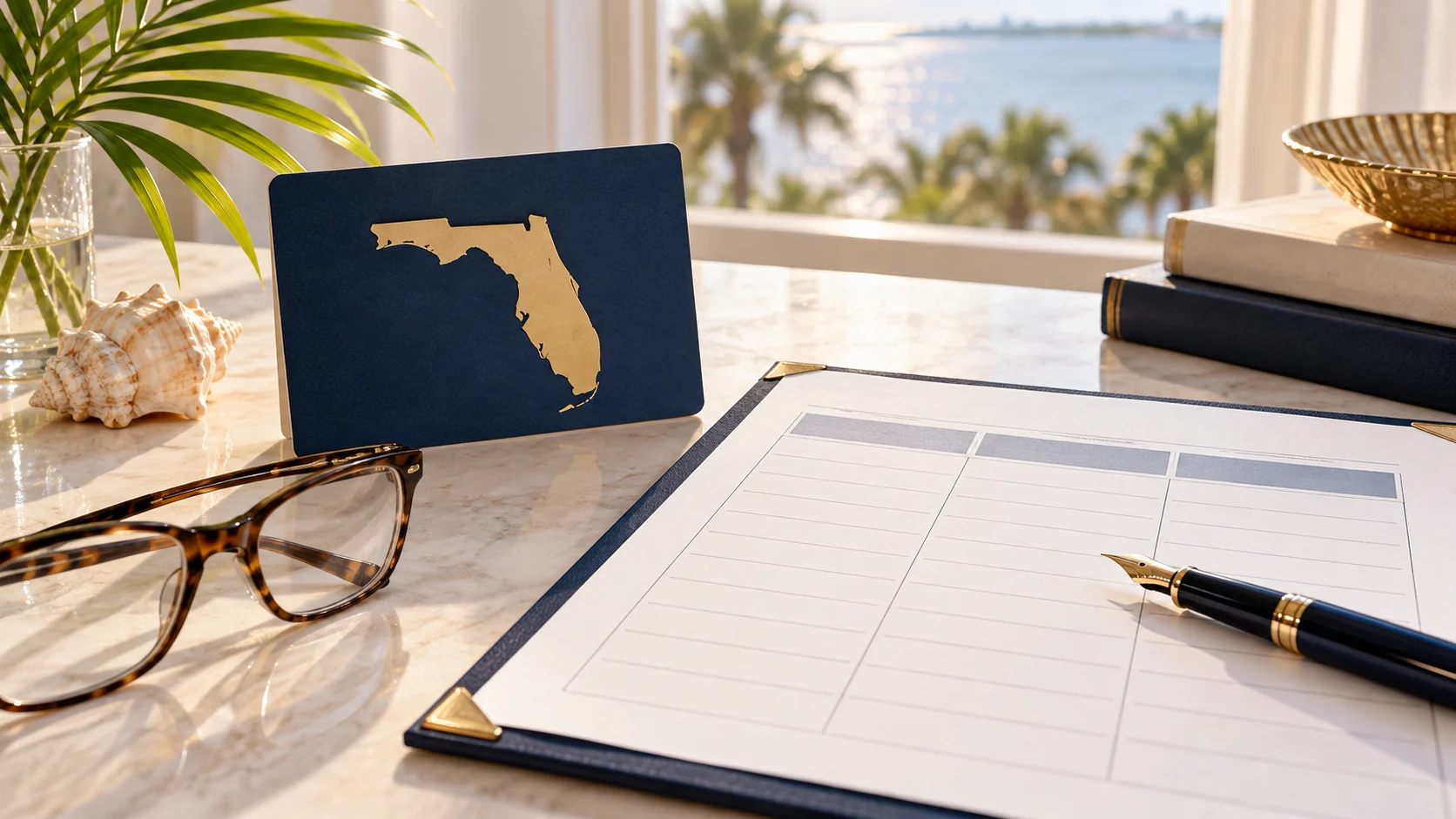 A Florida state outline, comparison chart, pen, and reading glasses arranged as a planning still life