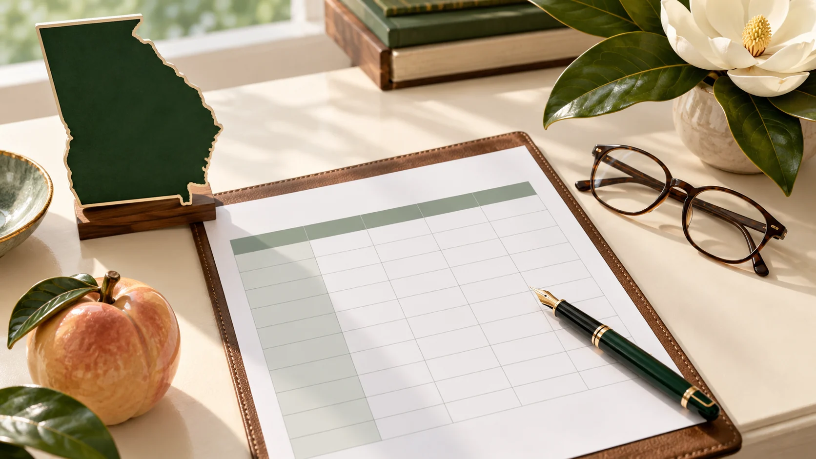 A Georgia state outline, comparison chart, pen, and reading glasses arranged as a planning still life