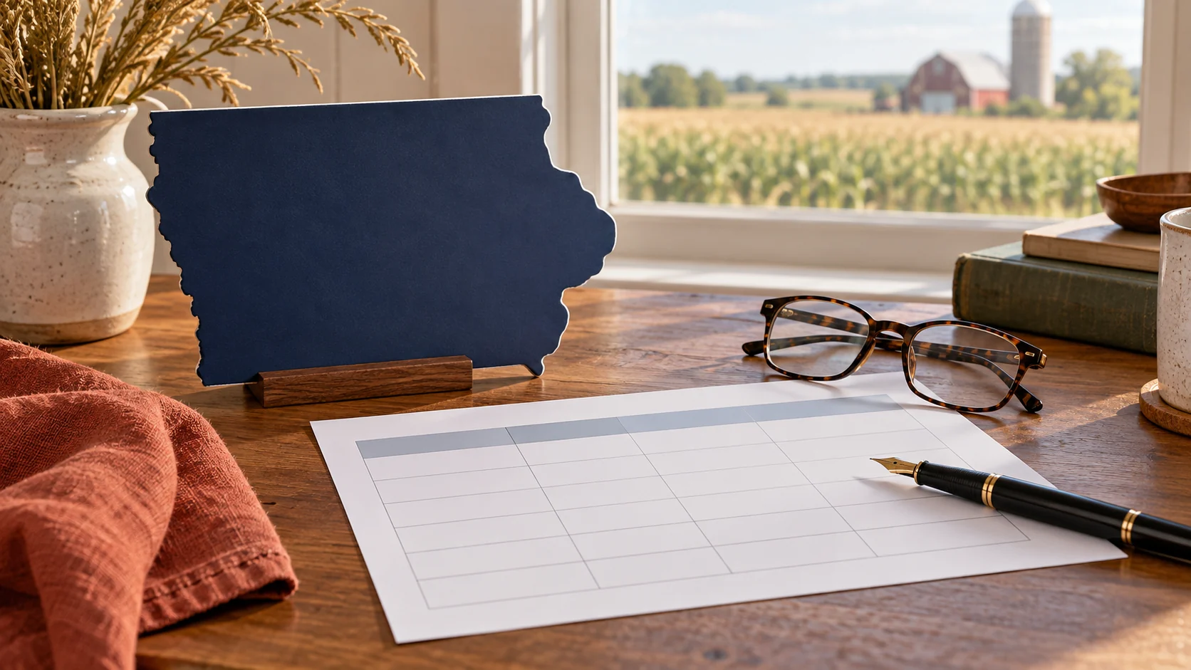 An Iowa state outline, comparison chart, pen, and reading glasses arranged as a planning still life