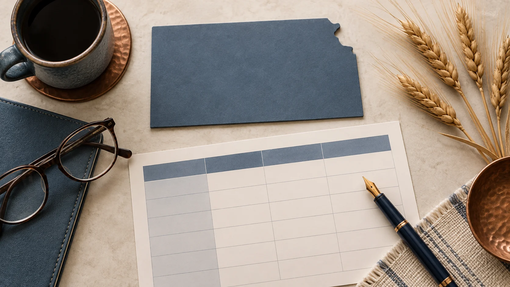 A Kansas state outline, comparison chart, pen, and reading glasses arranged as a planning still life