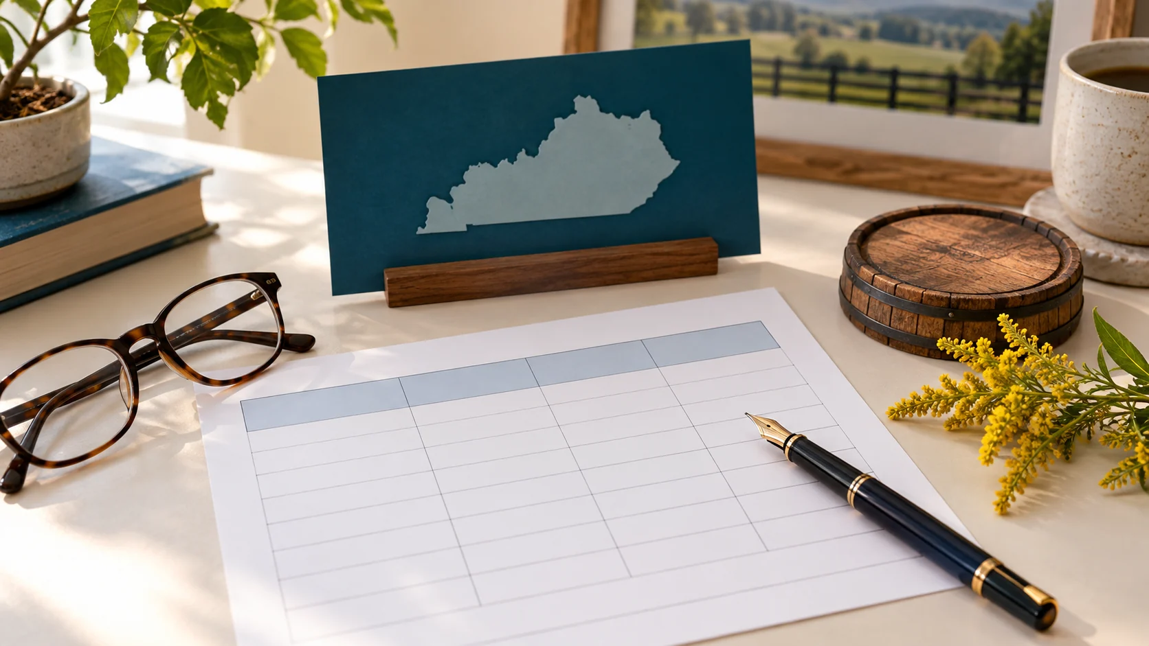 A Kentucky state outline, comparison chart, pen, and reading glasses arranged as a planning still life