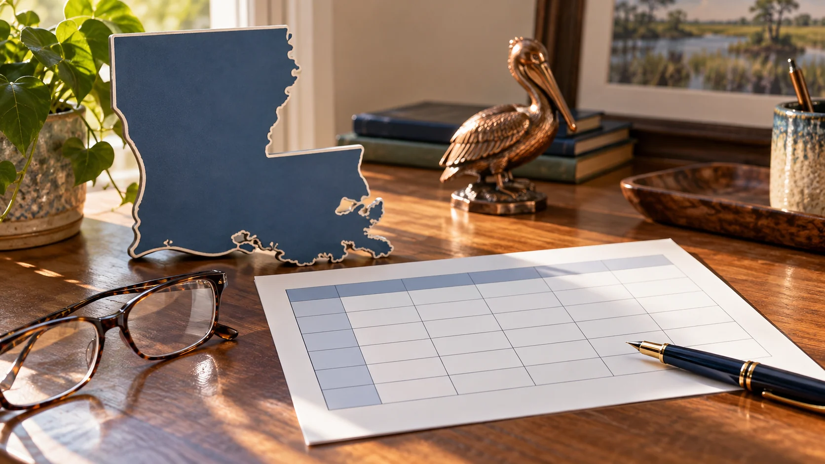 A Louisiana state outline, comparison chart, pen, and reading glasses arranged as a planning still life