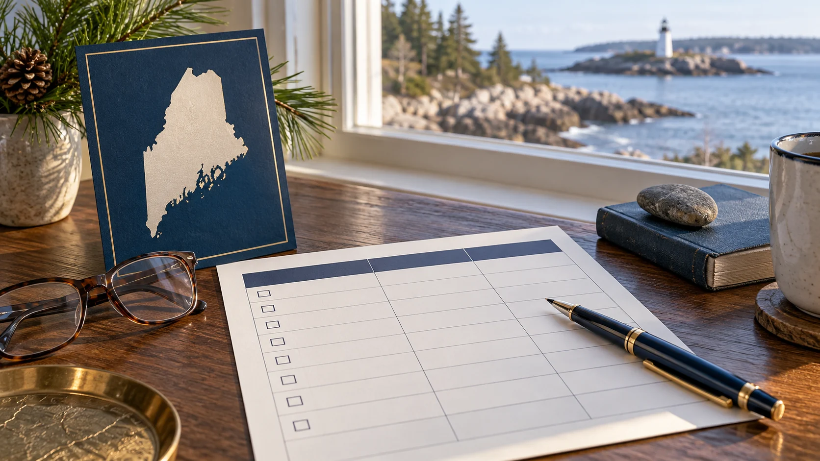 A Maine state outline, comparison chart, pen, and reading glasses arranged as a planning still life