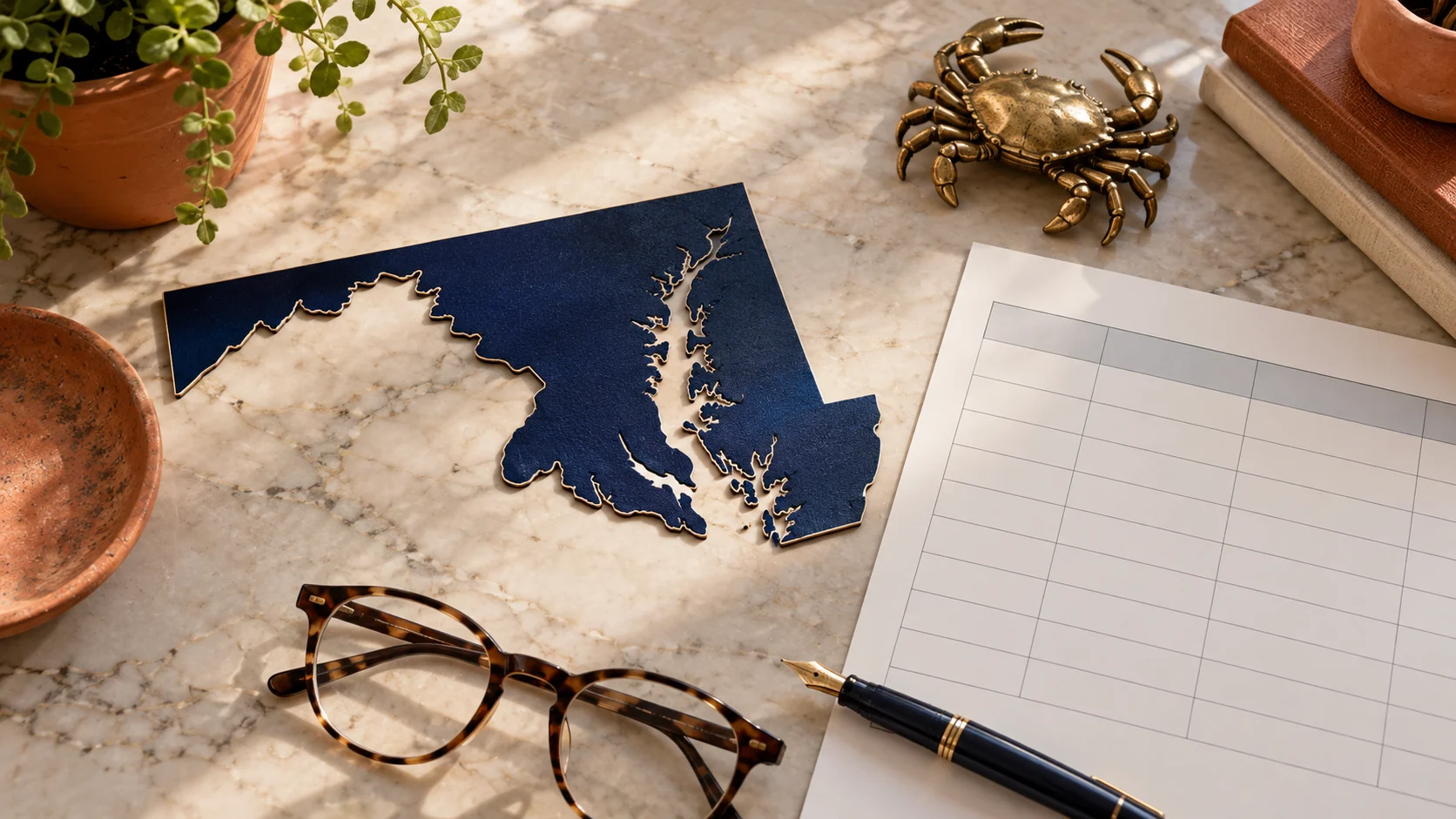 A Maryland state outline, comparison chart, pen, and reading glasses arranged as a planning still life