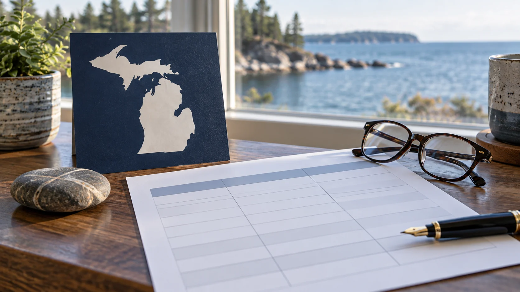 A Michigan state outline, comparison chart, pen, and reading glasses arranged as a planning still life