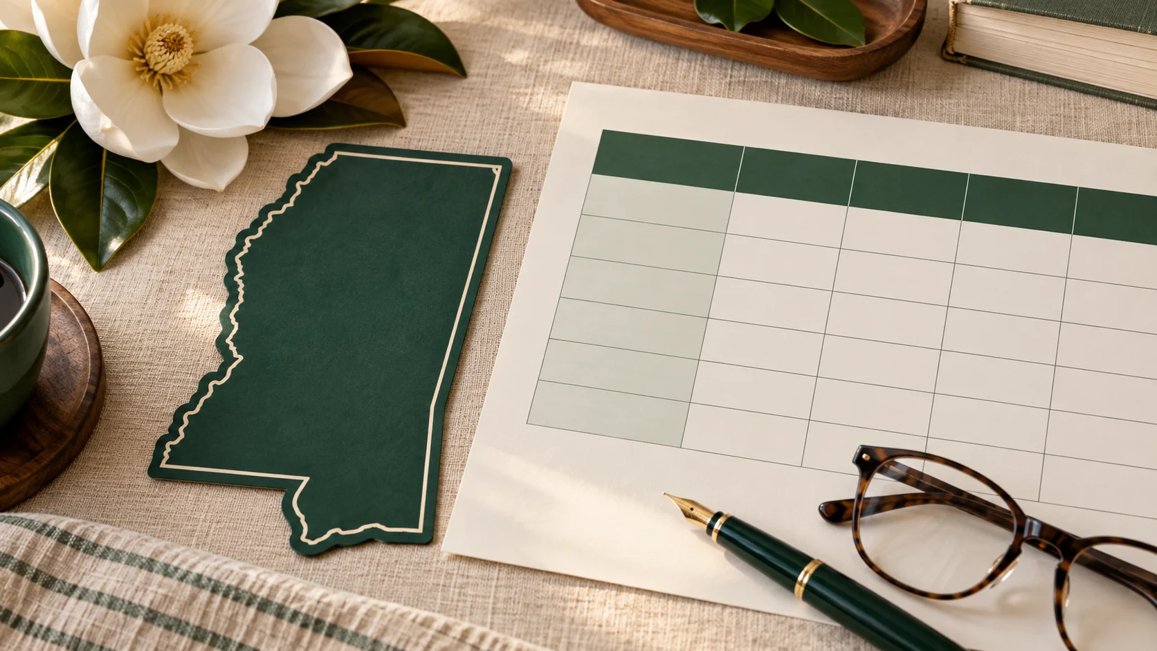 A Mississippi state outline, comparison chart, pen, and reading glasses arranged as a planning still life
