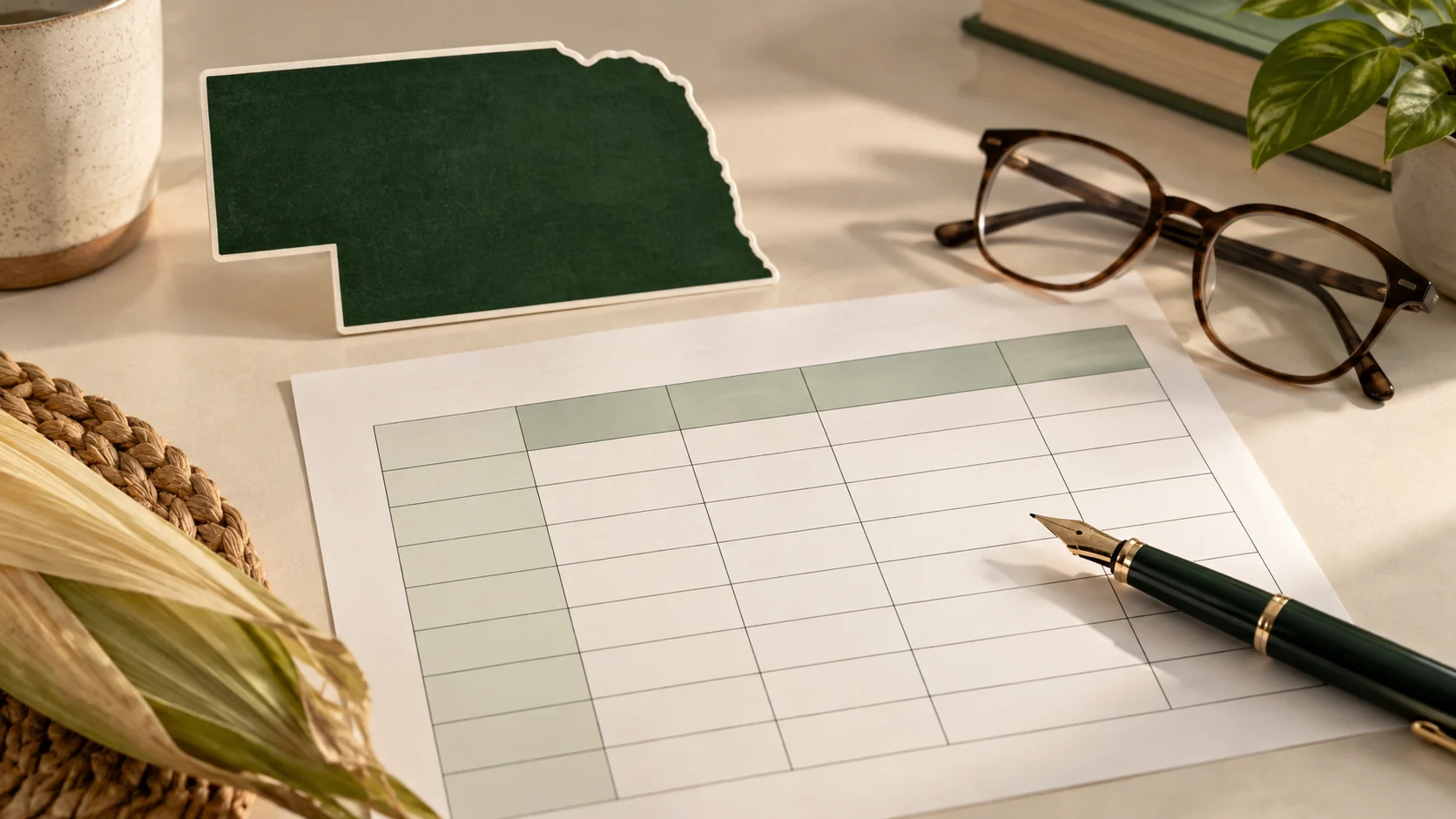 A Nebraska state outline, comparison chart, pen, and reading glasses arranged as a planning still life