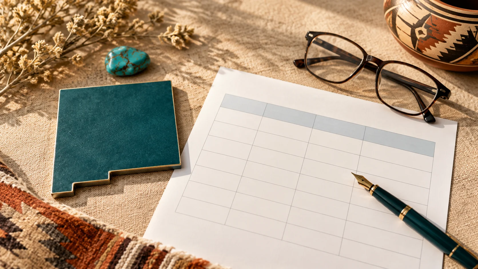 A New Mexico state outline, comparison chart, pen, and reading glasses arranged as a planning still life