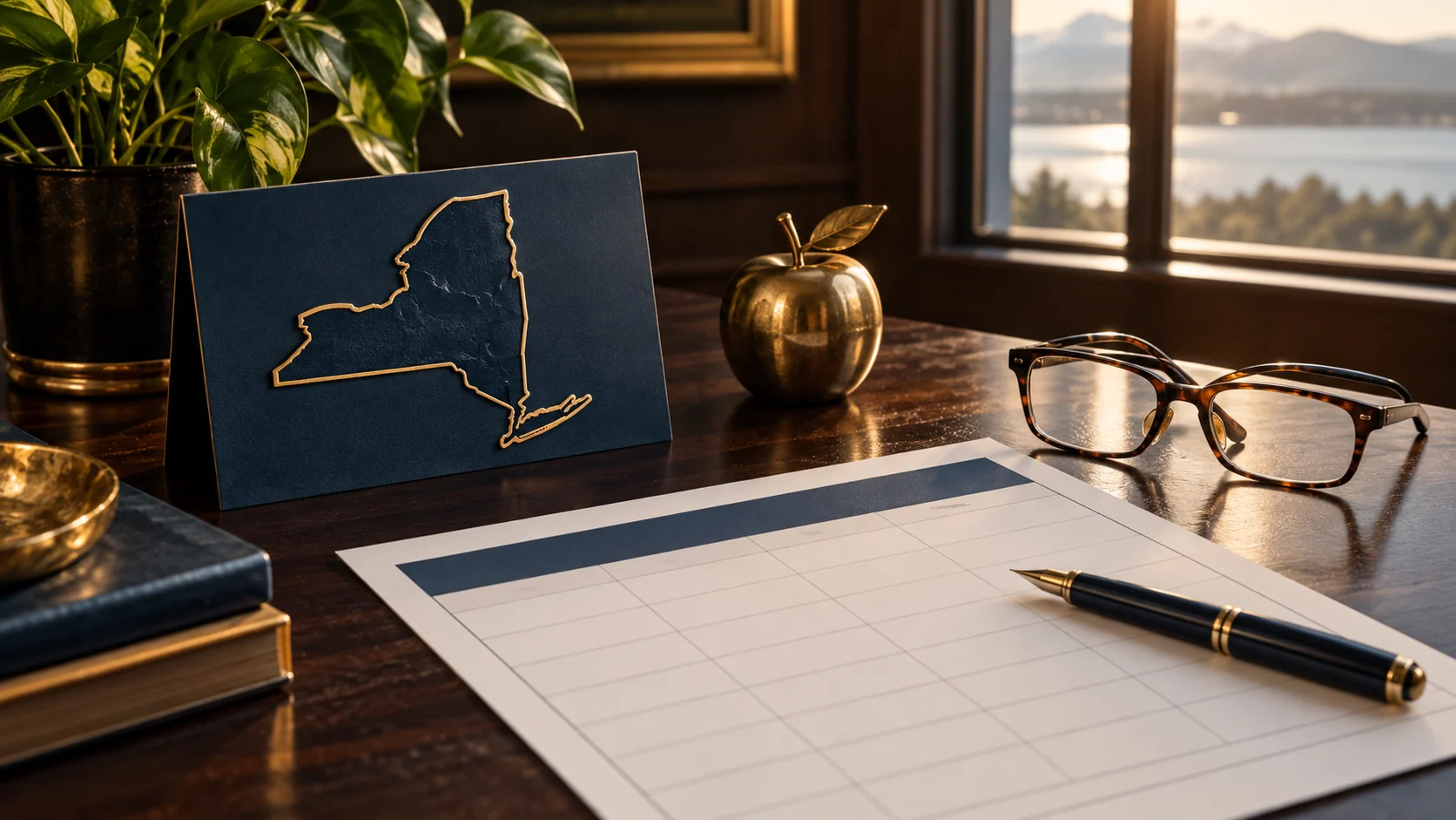A New York state outline, comparison chart, pen, and reading glasses arranged as a planning still life