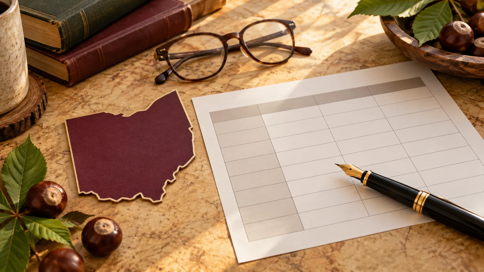 An Ohio state outline, comparison chart, pen, and reading glasses arranged as a planning still life