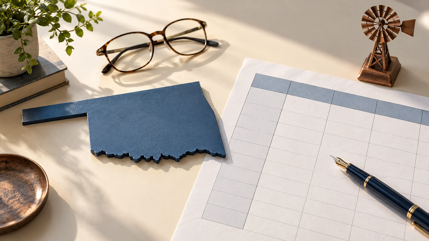 An Oklahoma state outline, comparison chart, pen, and reading glasses arranged as a planning still life