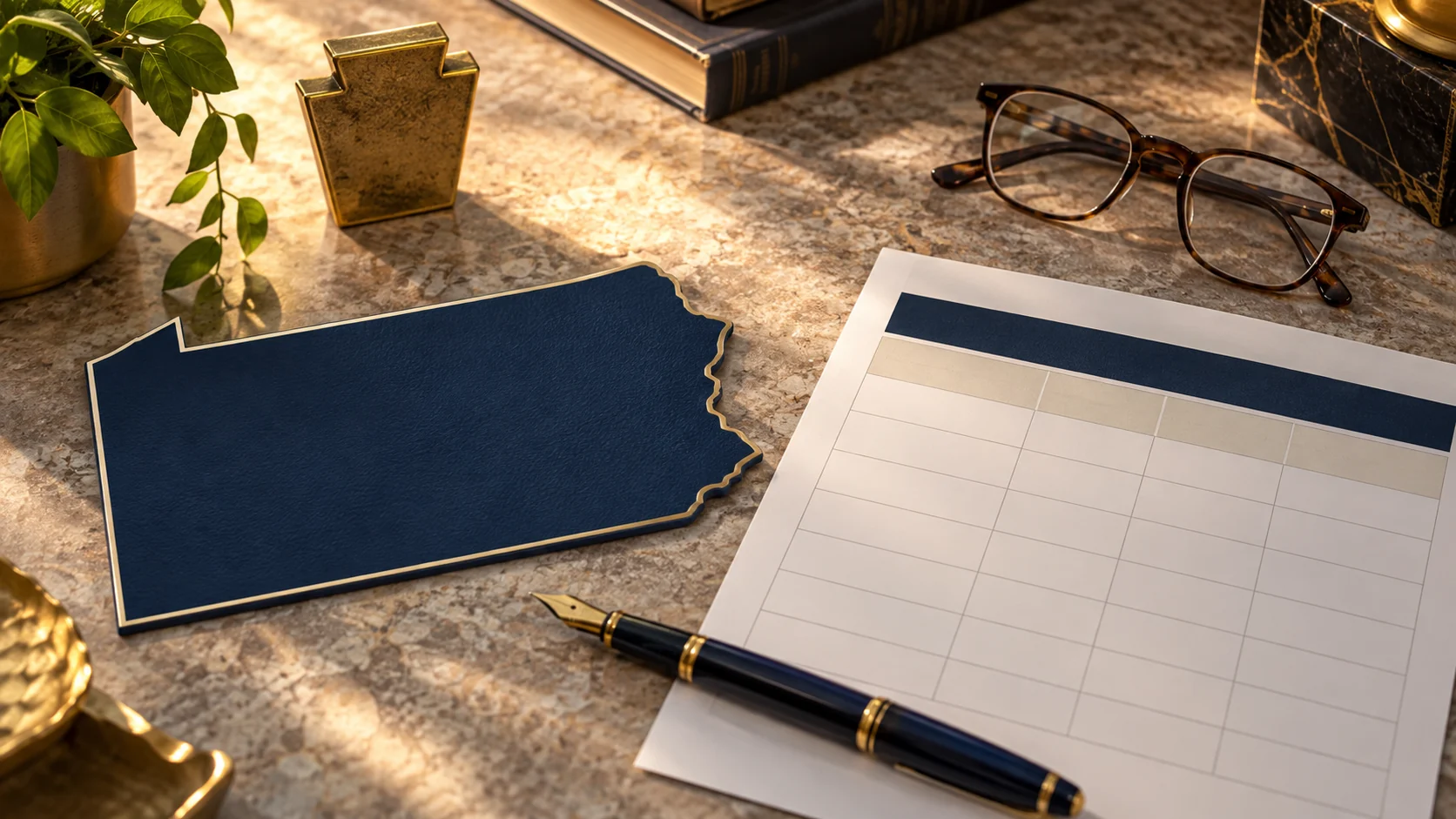 A Pennsylvania state outline, comparison chart, pen, and reading glasses arranged as a planning still life