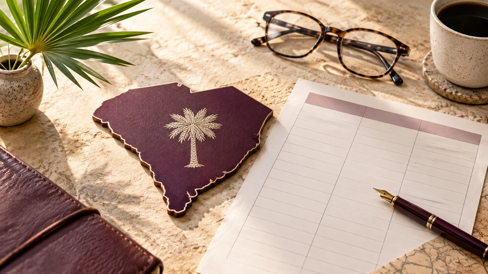 A South Carolina state outline, comparison chart, pen, and reading glasses arranged as a planning still life