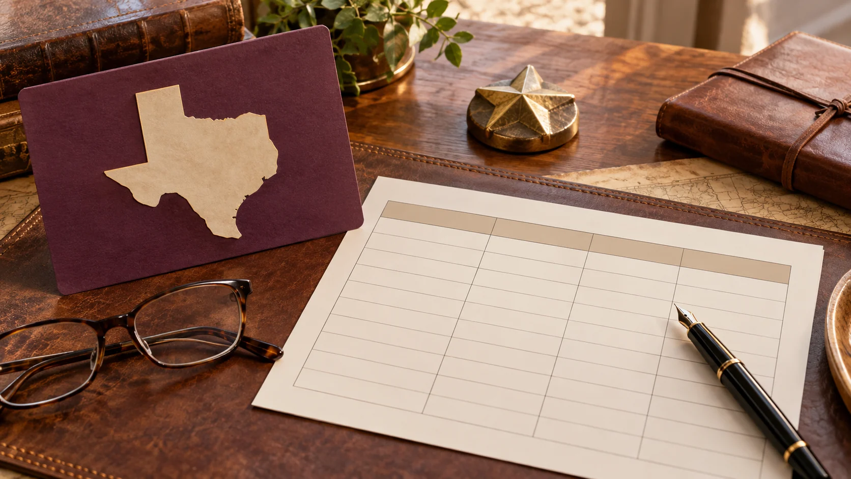 A Texas state outline, comparison chart, pen, and reading glasses arranged as a planning still life