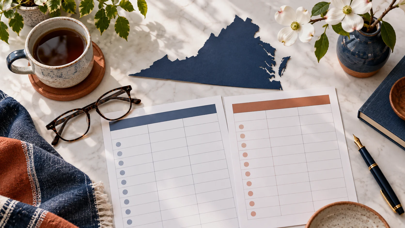 A Virginia state outline, comparison chart, pen, and reading glasses arranged as a planning still life