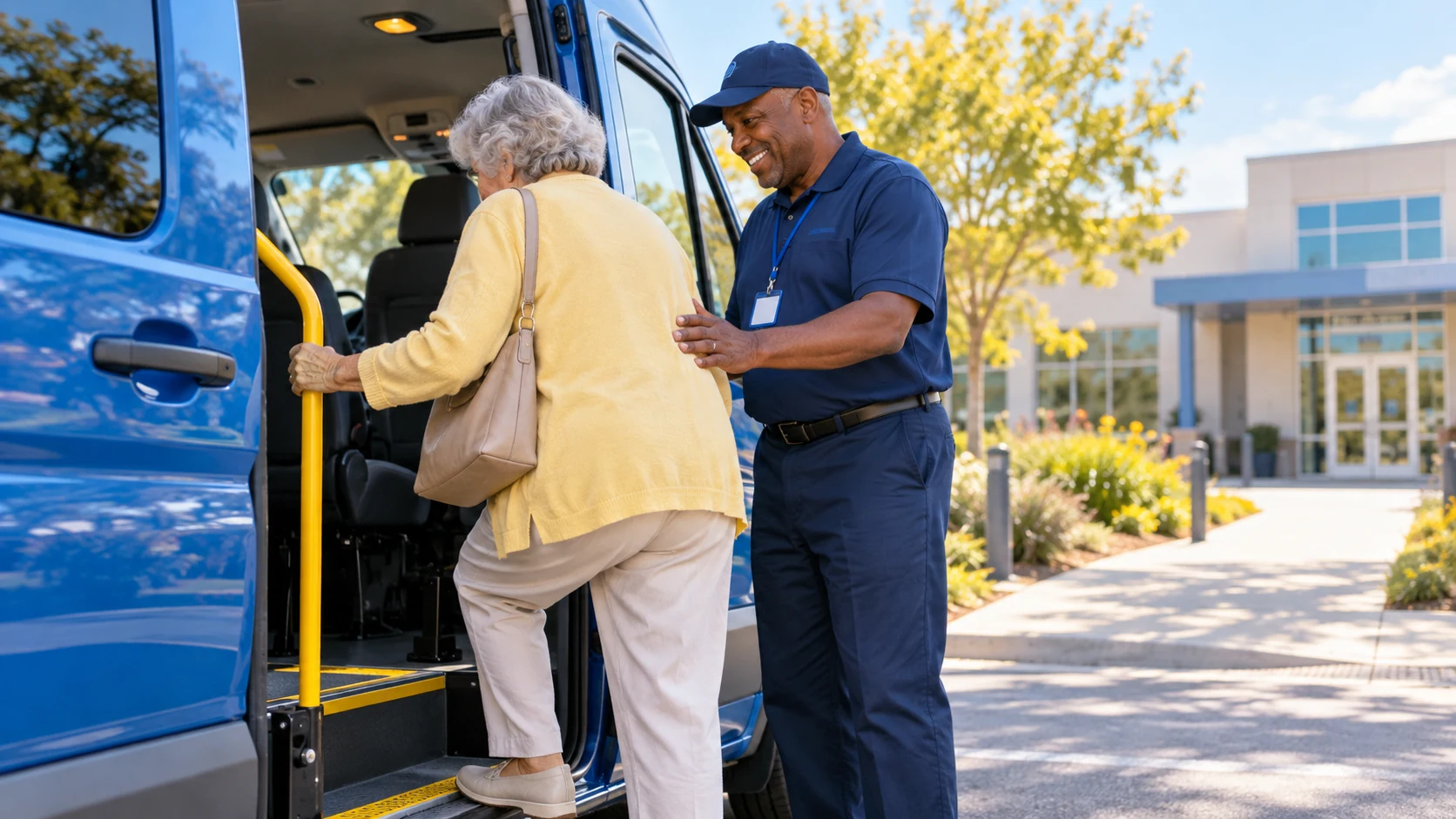 A driver assists an older woman boarding an accessible van outside a medical building
