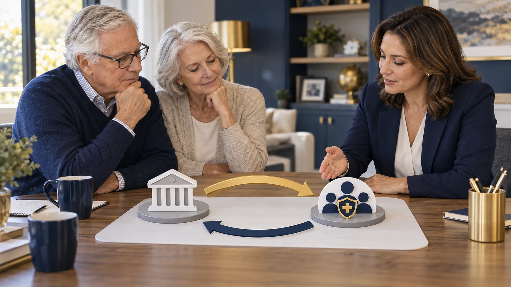 An older couple reviews a bridge between two coverage models with an advisor