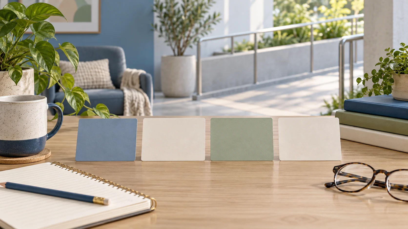 A ramped entrance and four blank comparison cards on an accessible planning desk