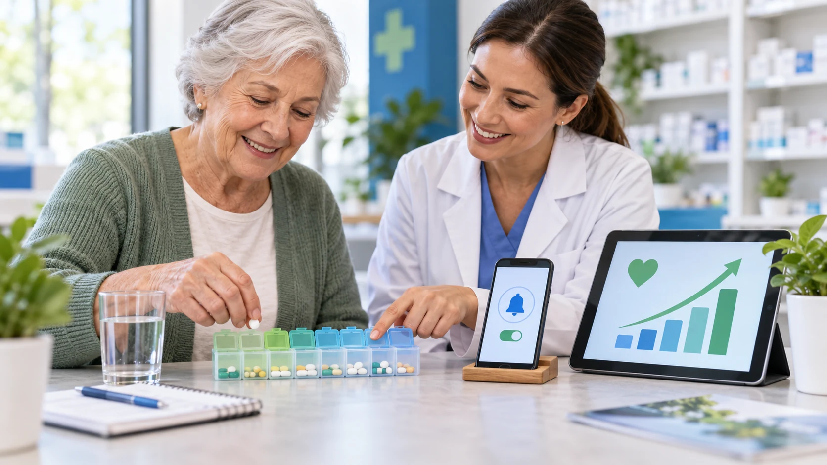 An older woman and a clinician organize a pill box beside a reminder phone and outcome chart
