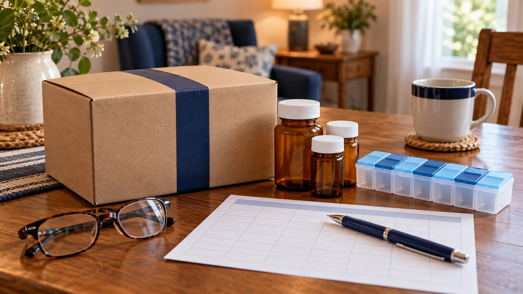 A sealed delivery box, prescription bottles, pill organizer, glasses, and tracking calendar