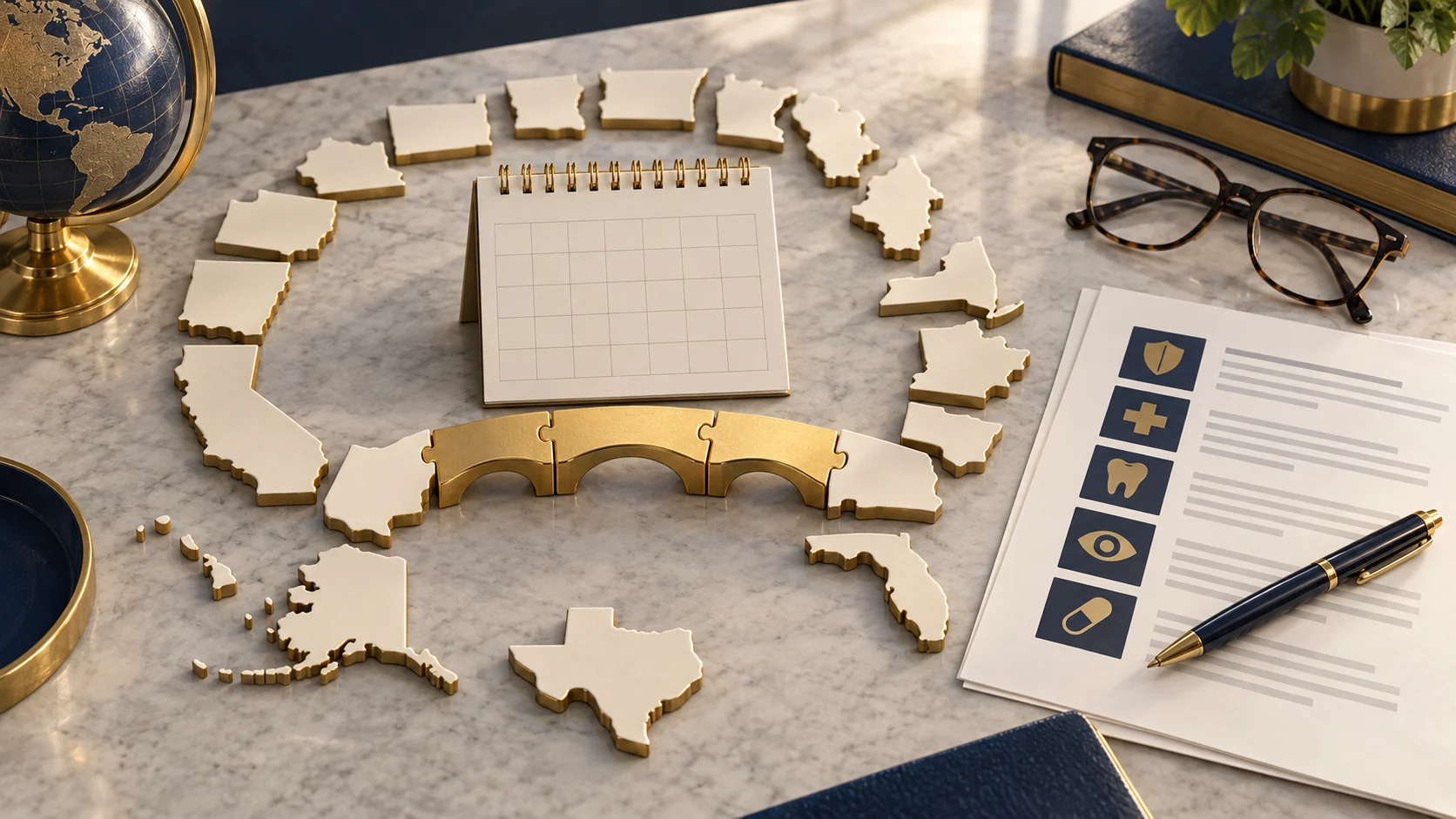 State-shaped pieces form a partial ring around a calendar and benefit checklist