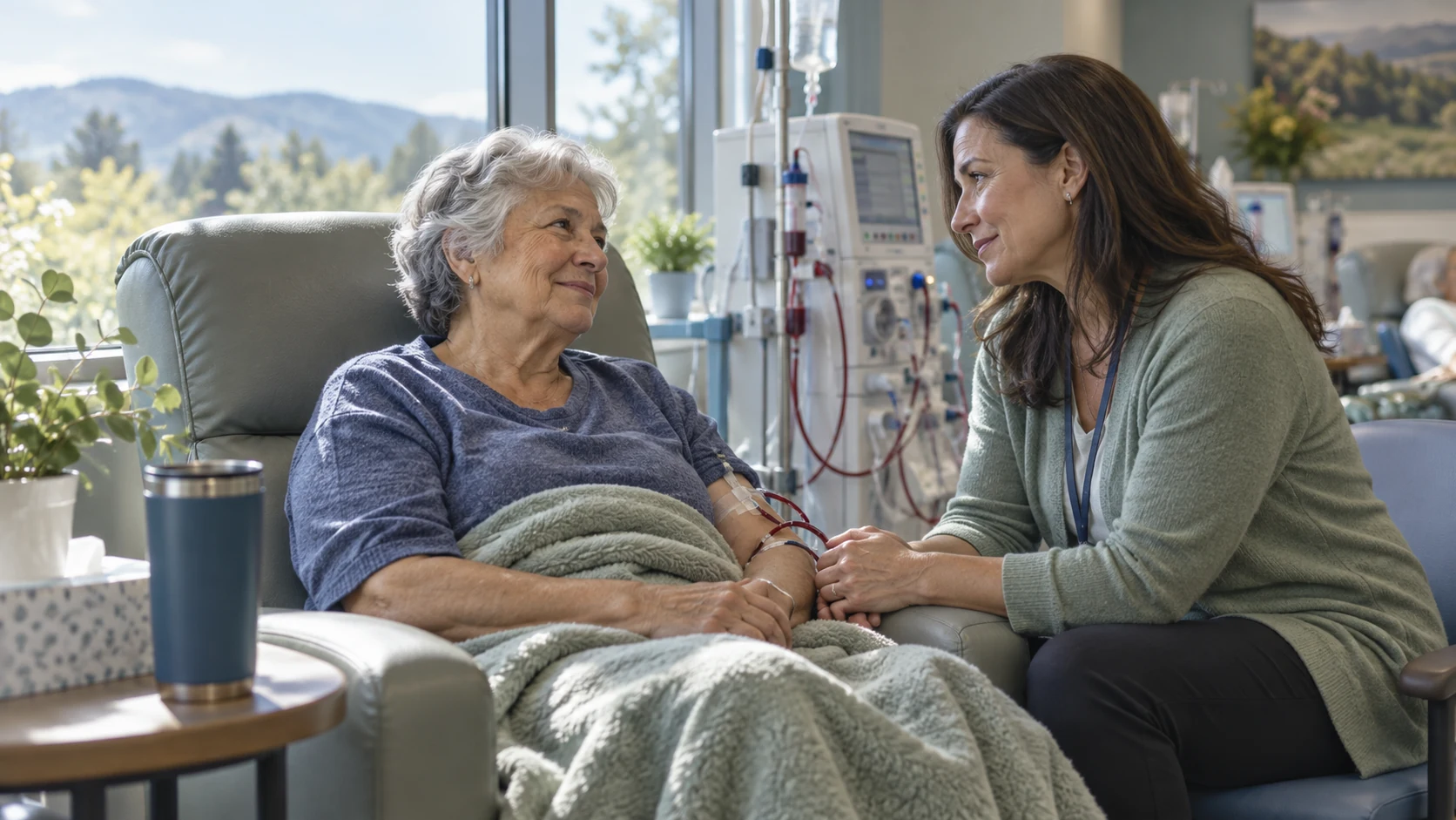 A woman receiving dialysis holds hands with a supportive family member