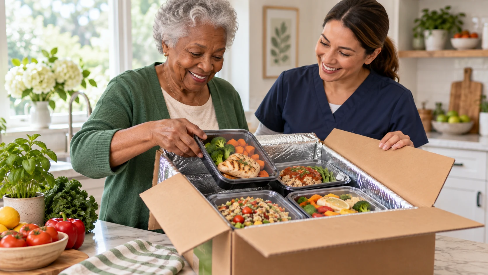 An older woman and caregiver unpack prepared meals and fresh produce at home