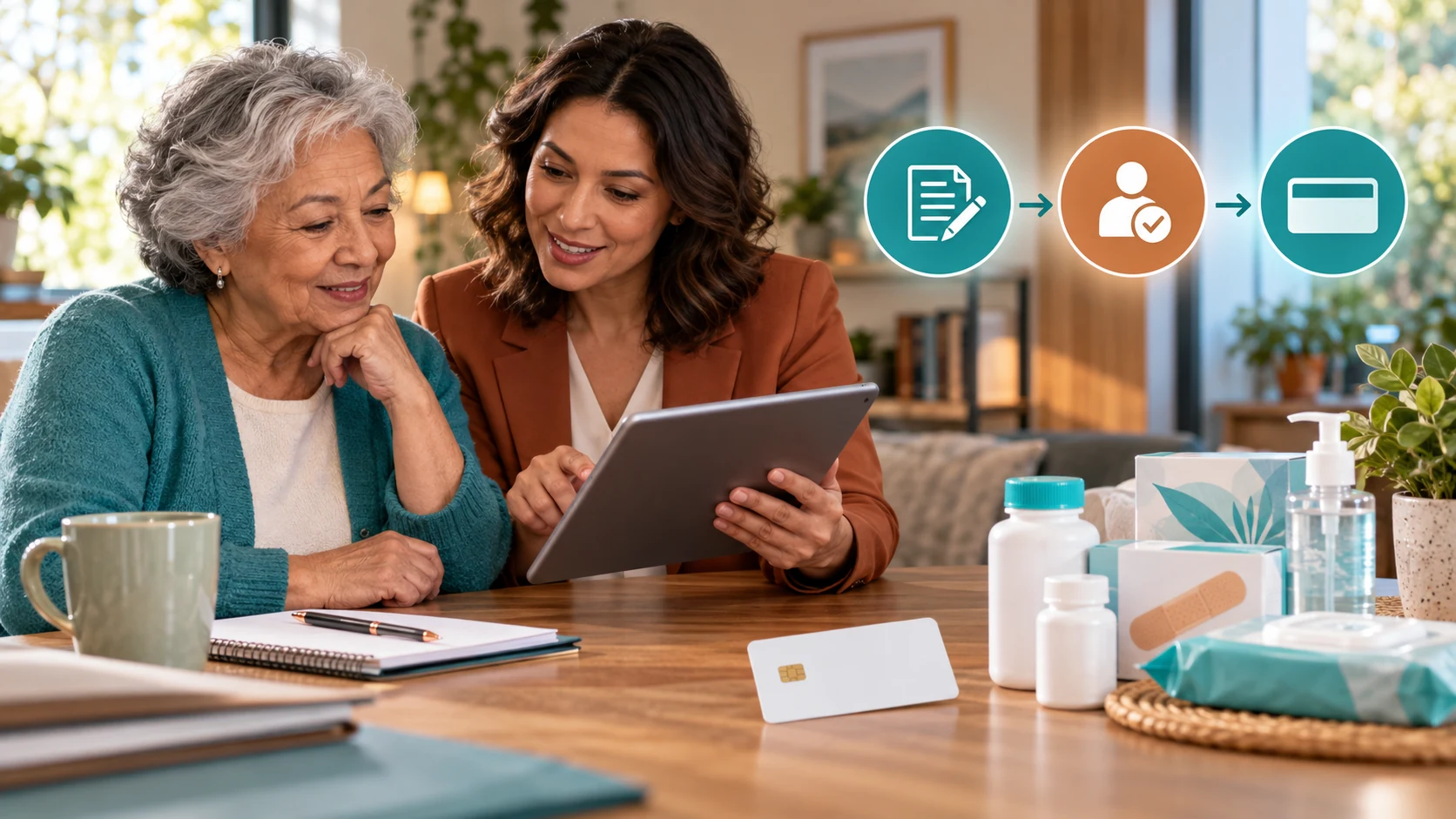 An older woman reviews an over-the-counter benefit card and eligible items with an advisor