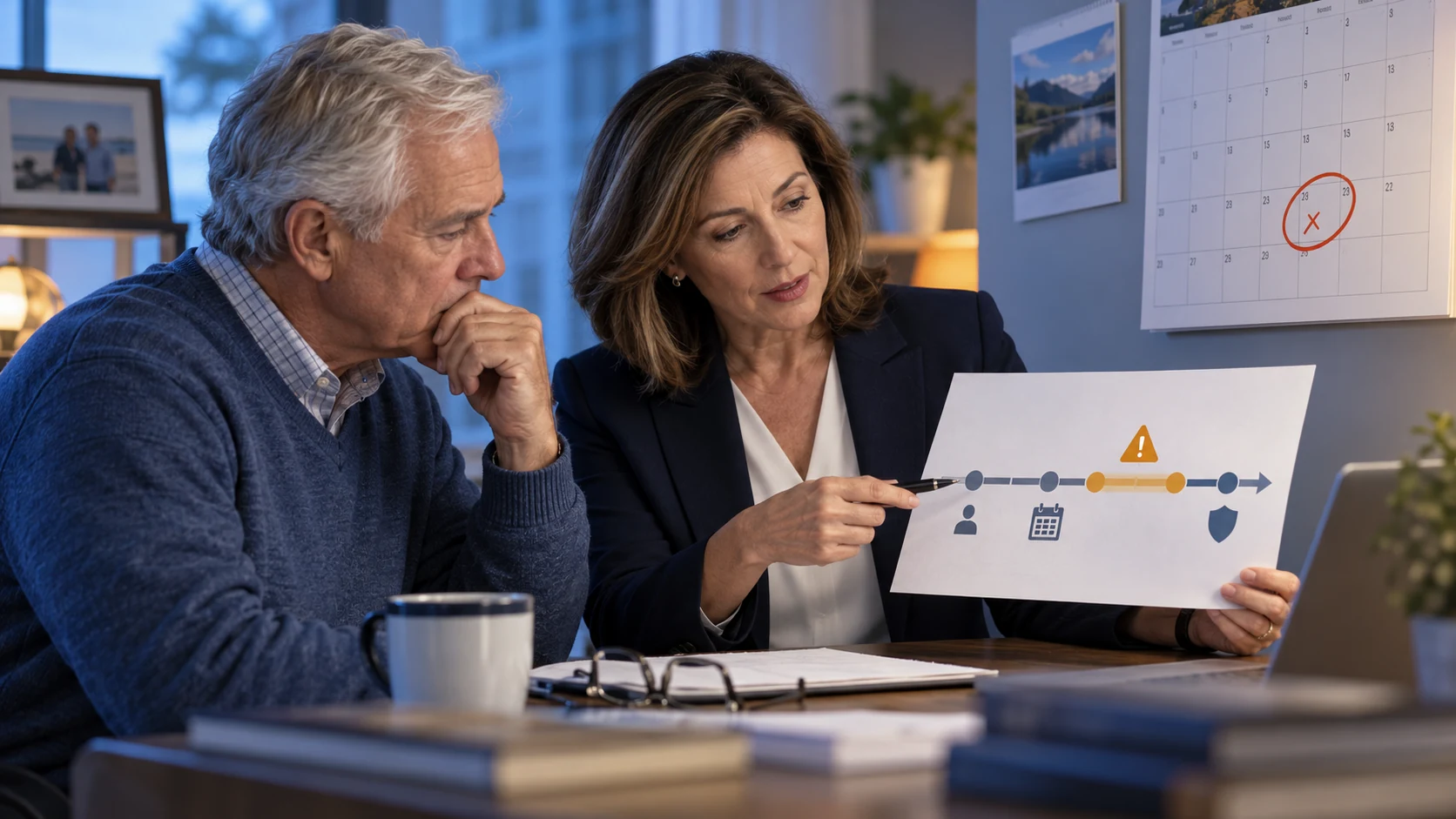An older couple reviews a delayed enrollment timeline and warning symbol with an advisor
