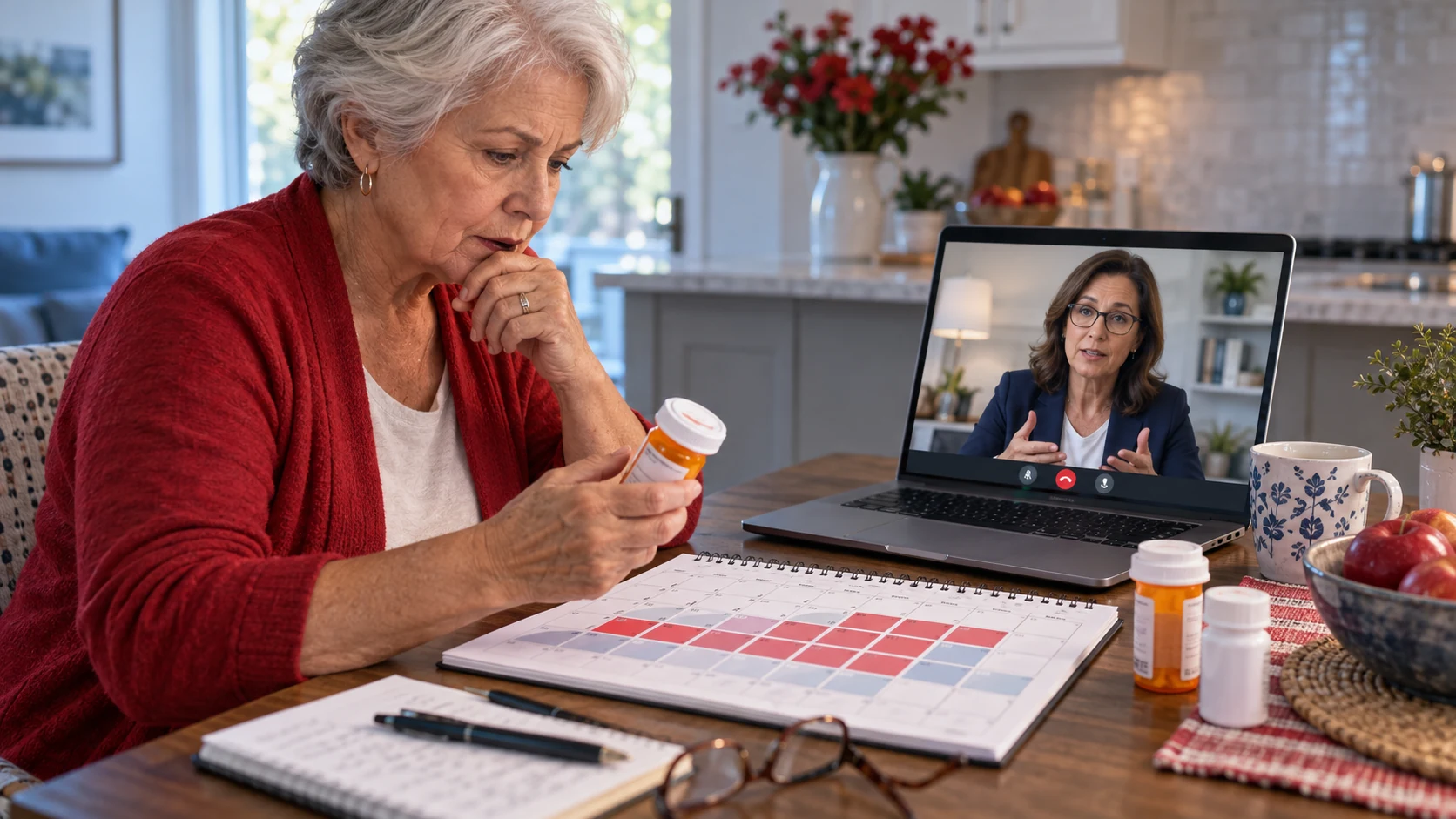 An older woman compares a prescription bottle with an enrollment calendar during a video consultation