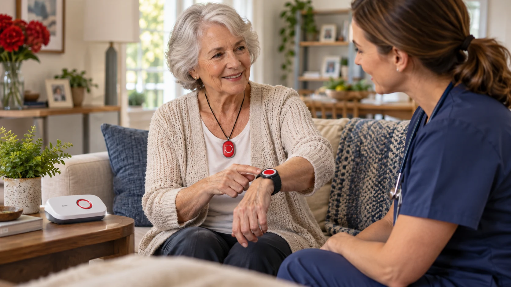 An older woman demonstrates a wearable emergency button to a nurse at home