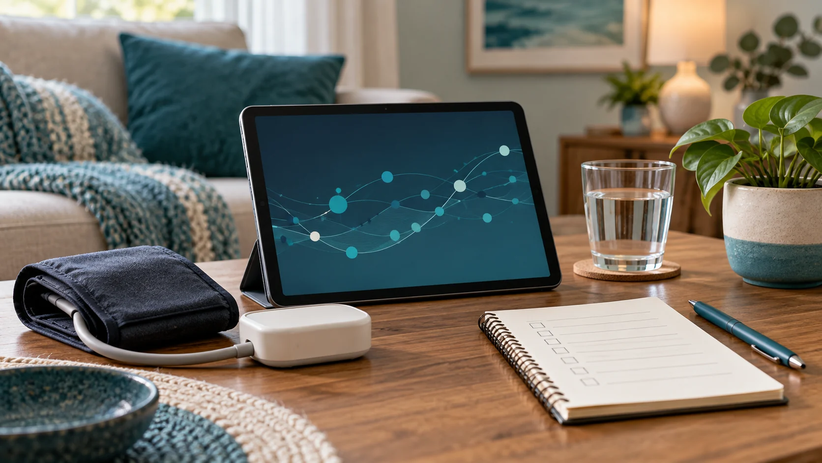 A blood-pressure cuff, tablet trend chart, water, and monitoring checklist on a home table